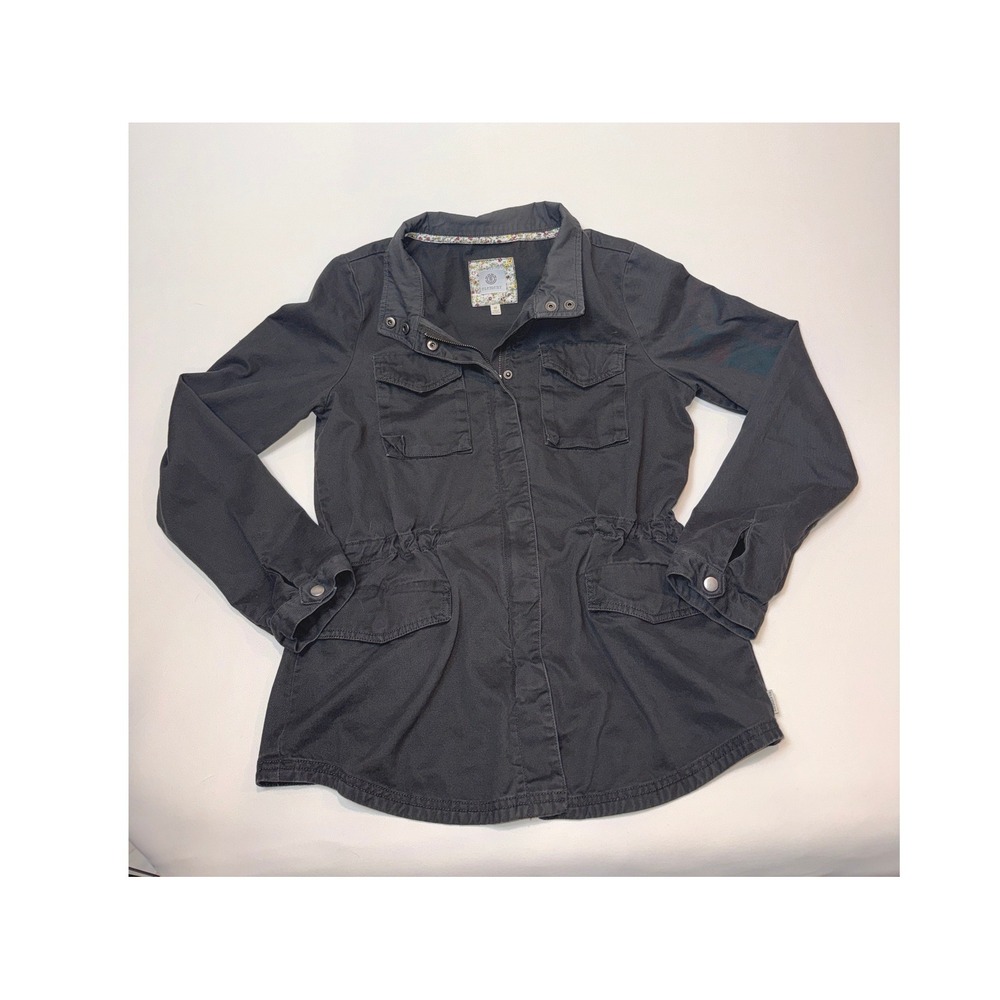 Element Women Black Utility Jacket Cinched Waist Field Coat Floral Trim Size M